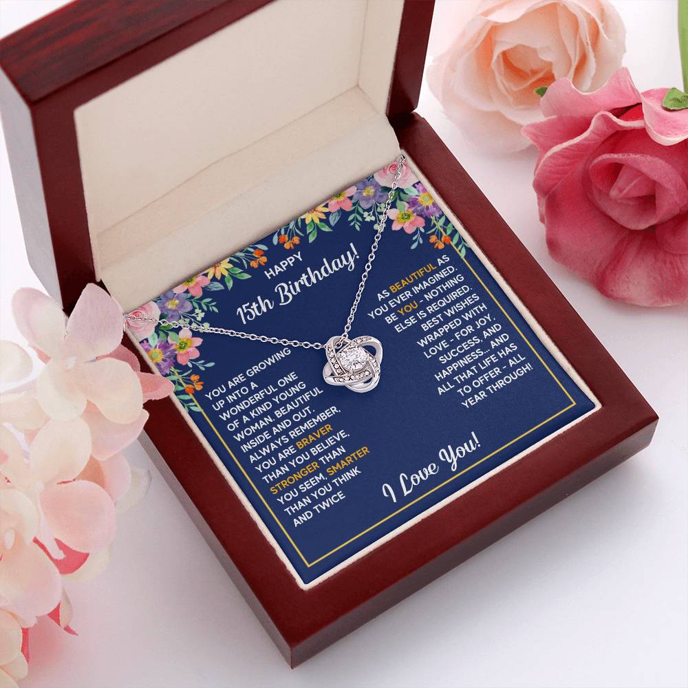 HAPPY 15TH BIRTHDAY WRAPPED LOVE KNOT NECKLACE