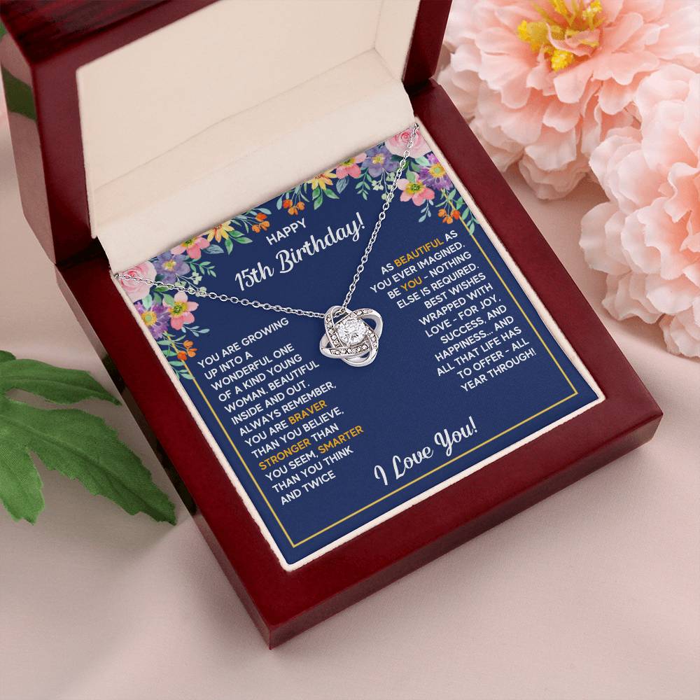 HAPPY 15TH BIRTHDAY WRAPPED LOVE KNOT NECKLACE