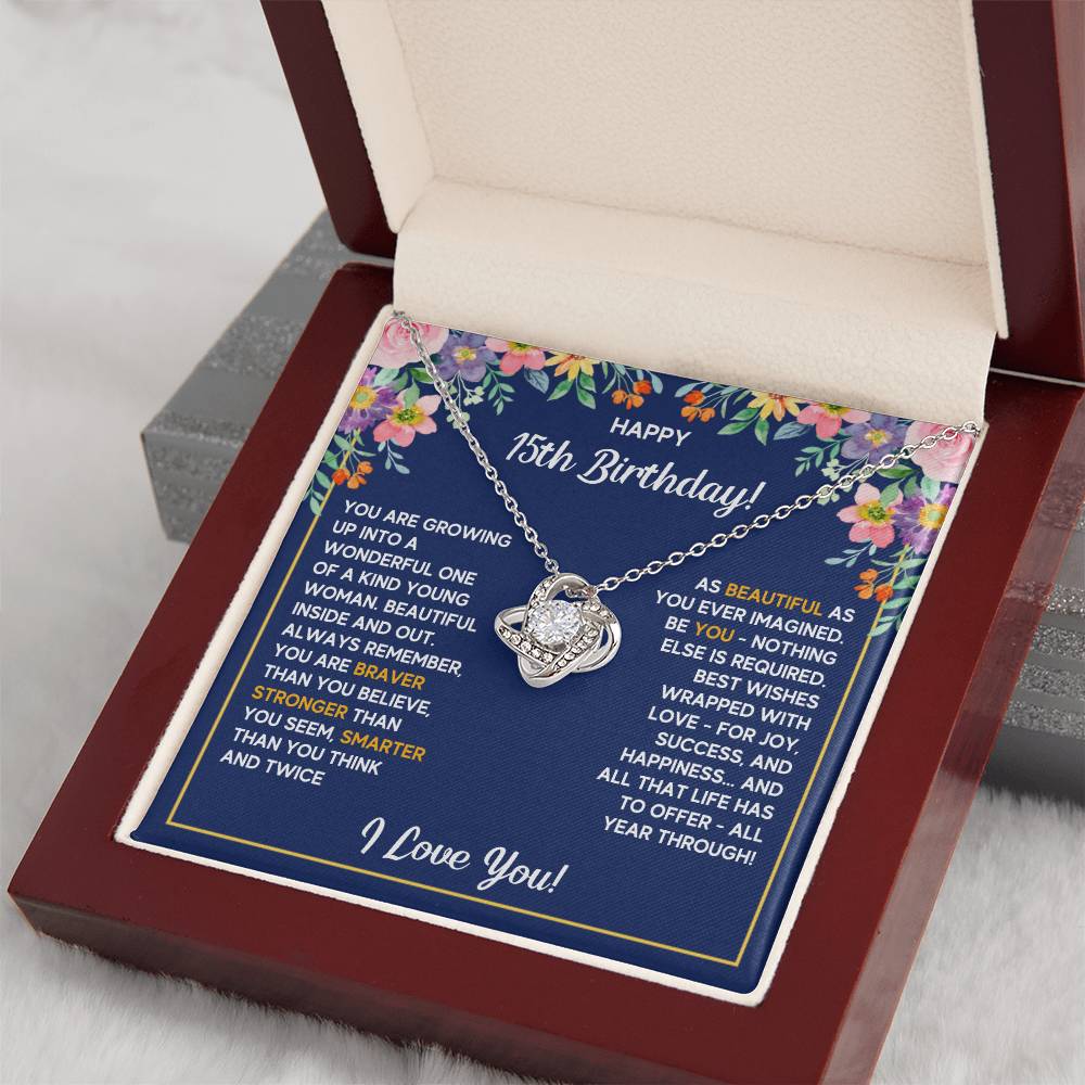 HAPPY 15TH BIRTHDAY WRAPPED LOVE KNOT NECKLACE