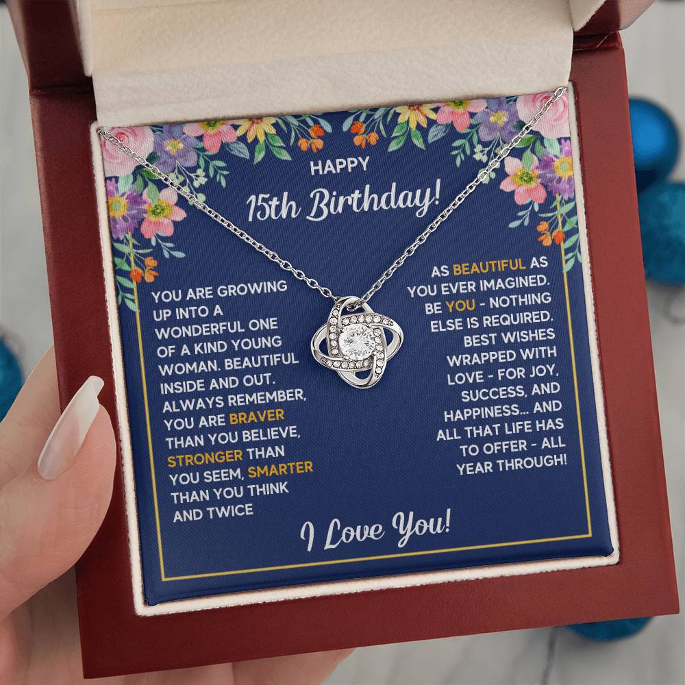 HAPPY 15TH BIRTHDAY WRAPPED LOVE KNOT NECKLACE