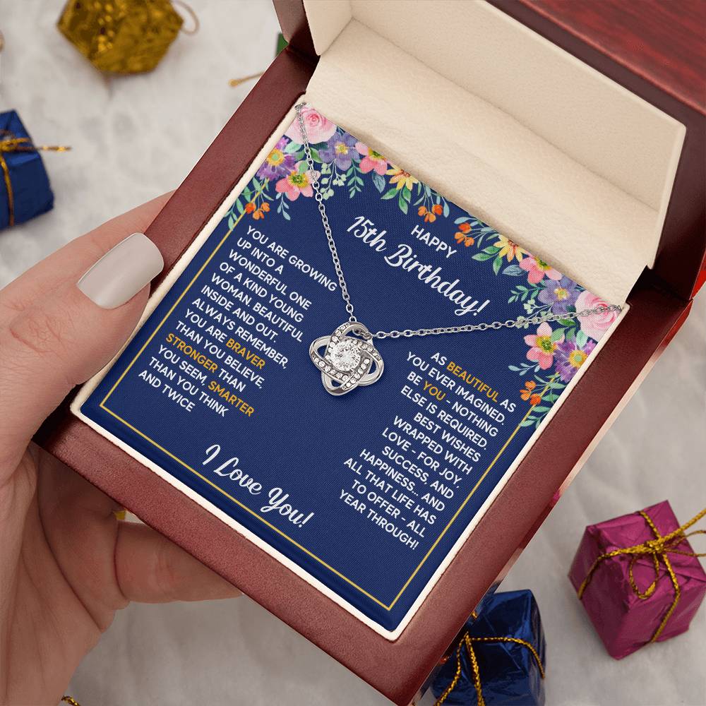 HAPPY 15TH BIRTHDAY WRAPPED LOVE KNOT NECKLACE