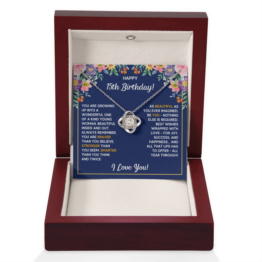 HAPPY 15TH BIRTHDAY WRAPPED LOVE KNOT NECKLACE
