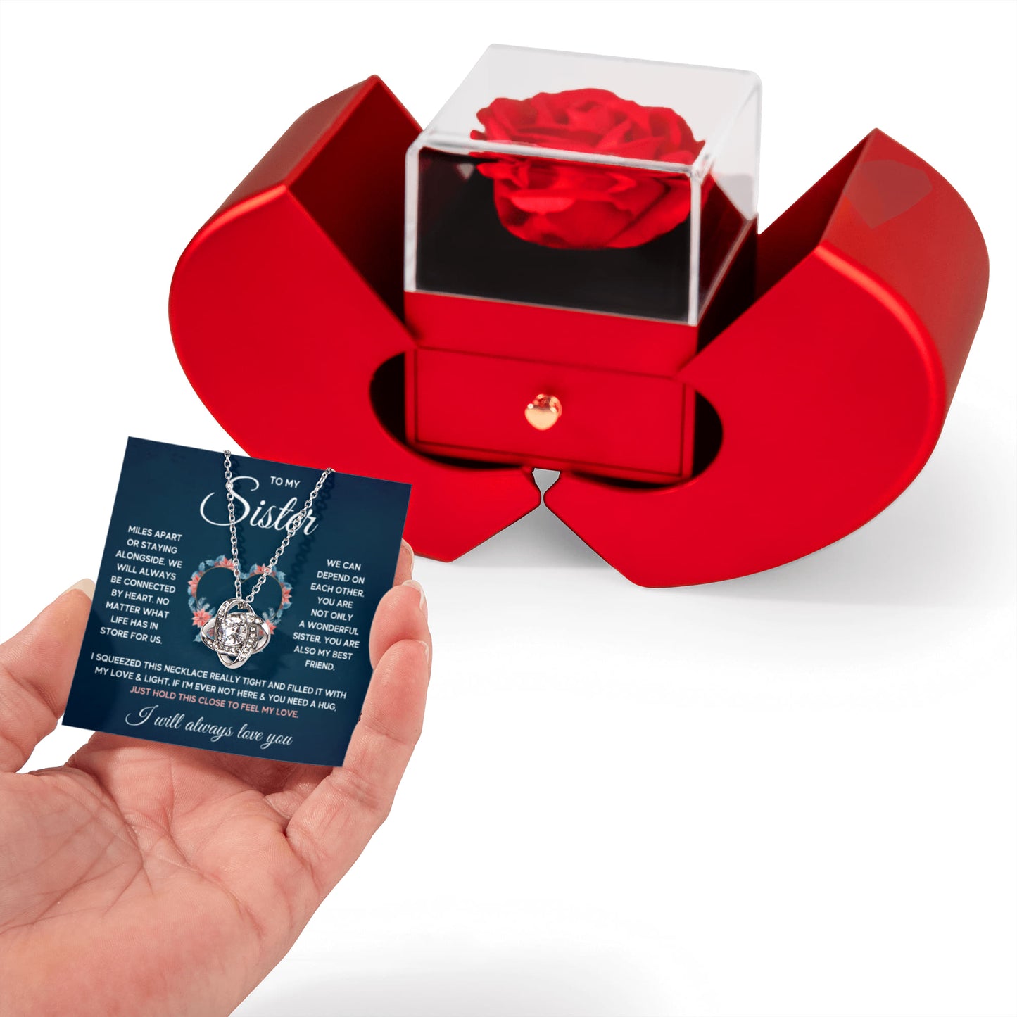 TO MY SISTER SQUEEZED LOVE KNOT NECKLACE HEART BOX GIFT SET