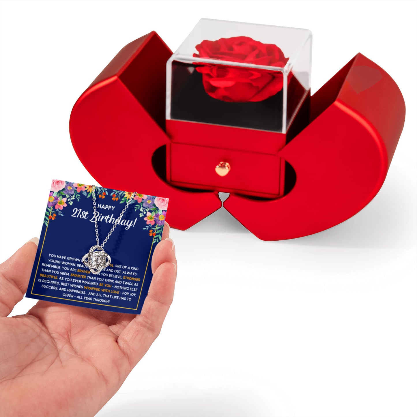 21ST BIRTHDAY WRAPPED LOVE KNOT NECKLACE HEART BOX GIFT SET