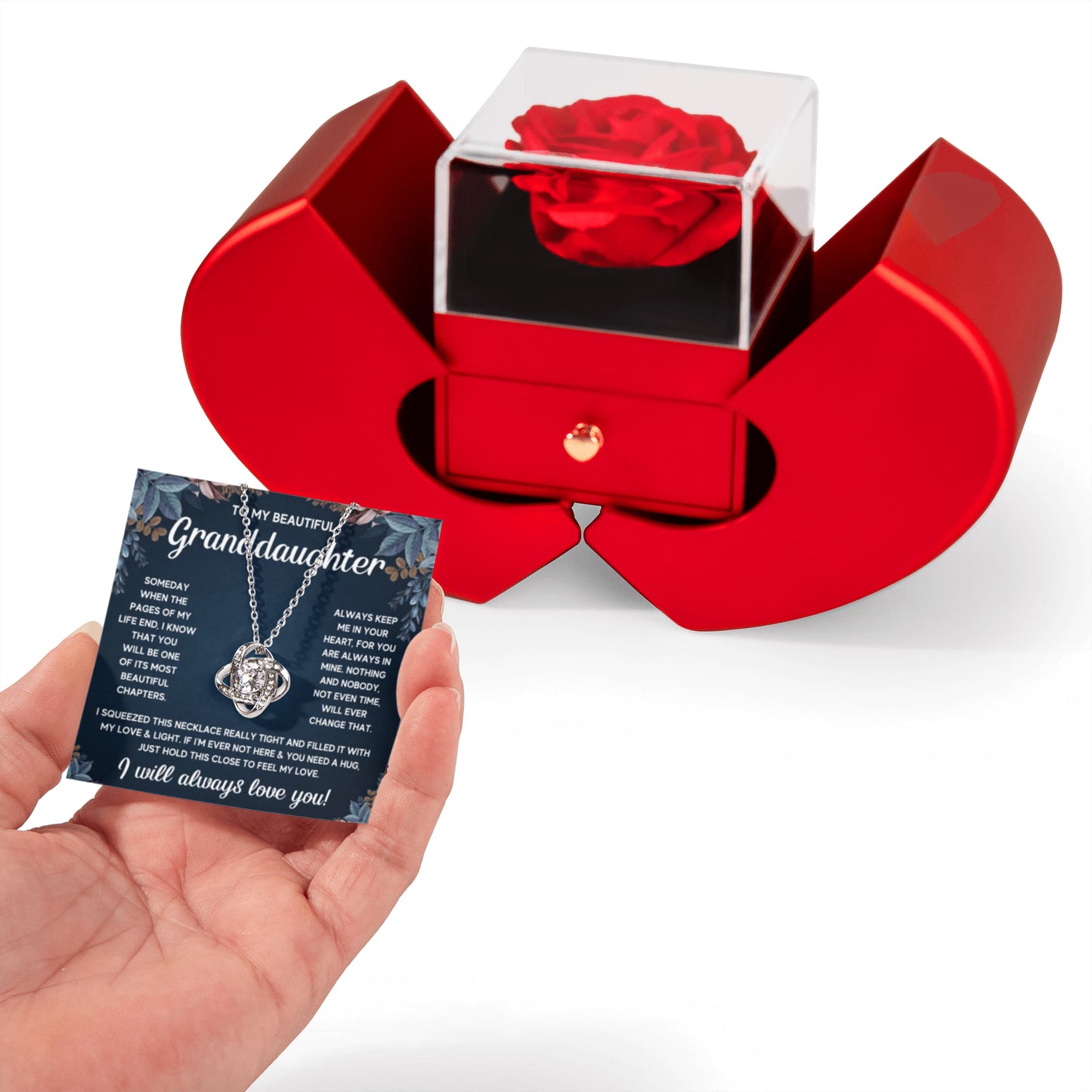 TO MY GRANDDAUGHTER SQUEEZED LOVE KNOT NECKLACE HEART BOX GIFT SET