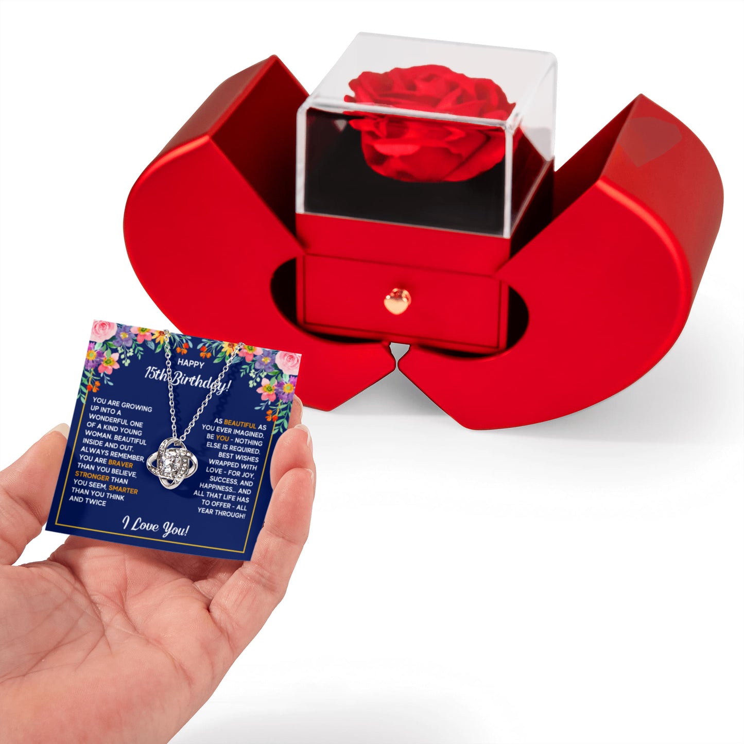 HAPPY 15TH BIRTHDAY WRAPPED LOVE KNOT NECKLACE HEART BOX GIFT SET