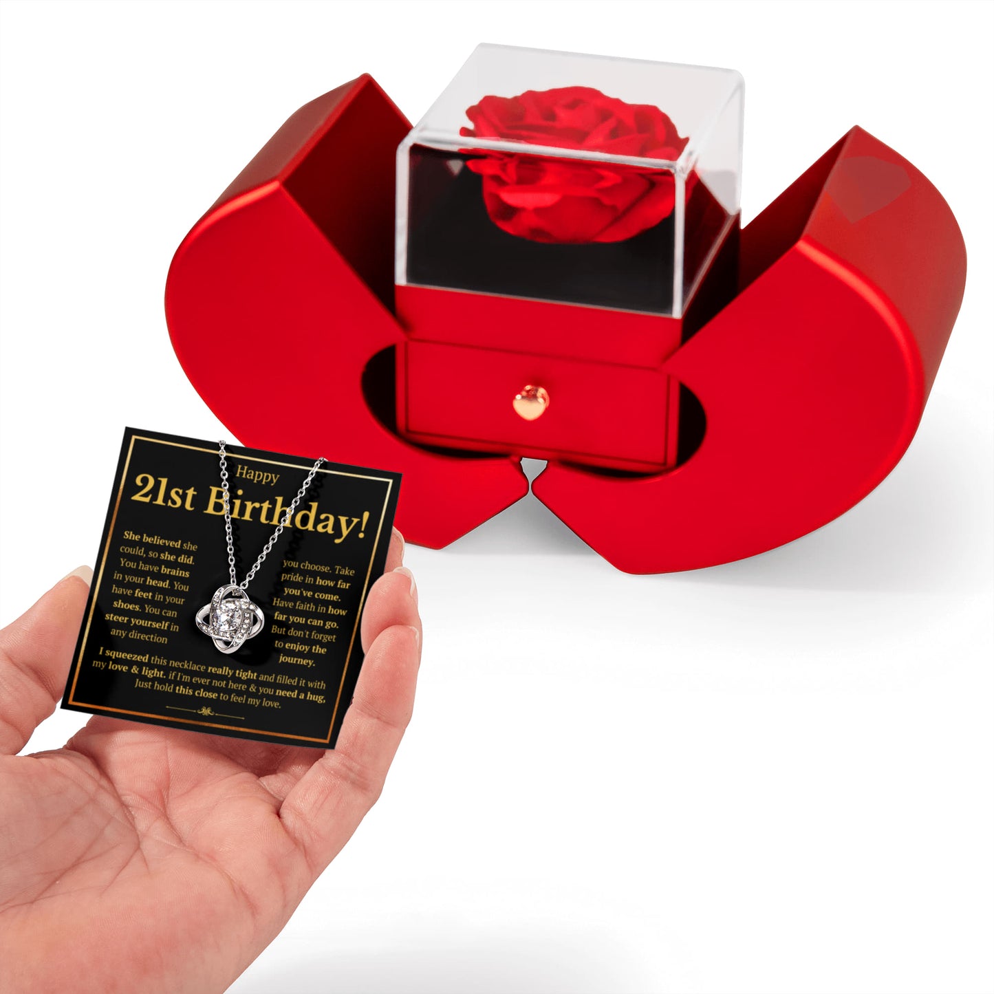 21ST BIRTHDAY SQUEEZED LOVE KNOT NECKLACE HEART BOX GIFT SET