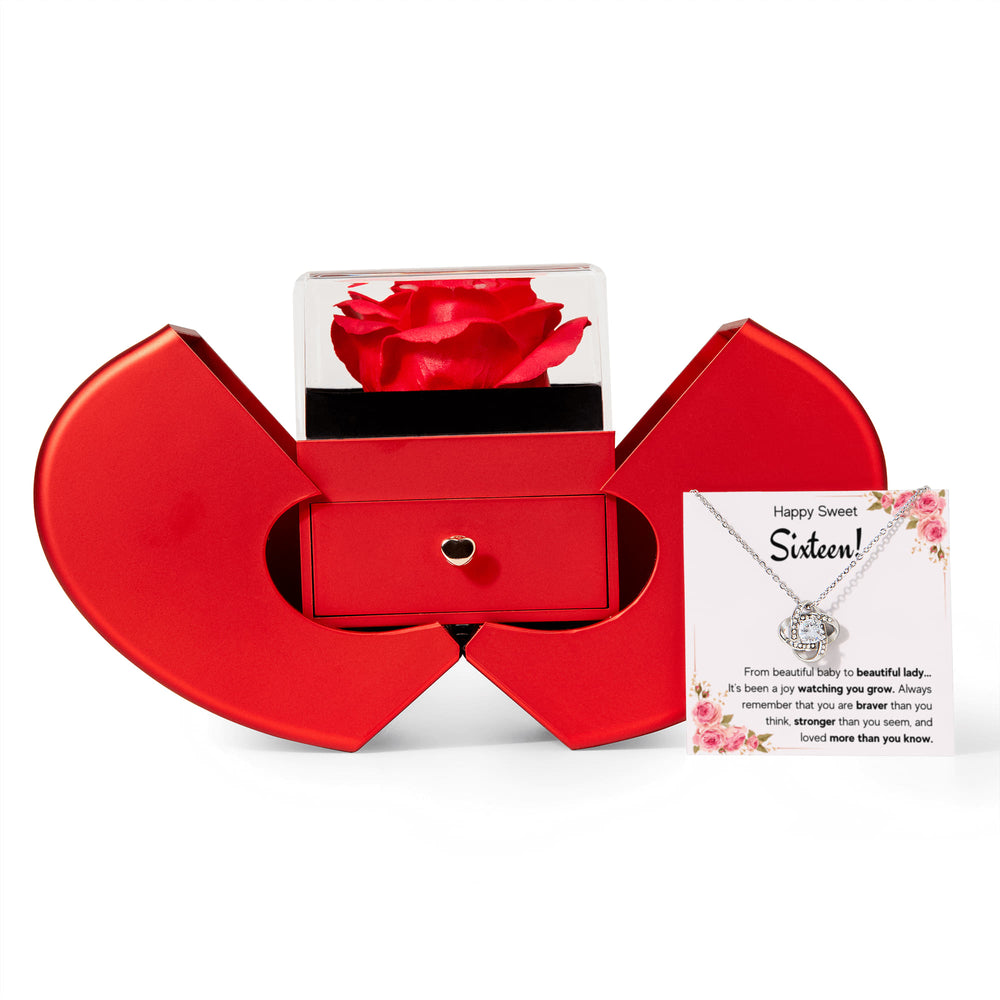 HAPPY SWEET SIXTEEN JOY LOVE KNOT NECKLACE HEART BOX GIFT SET
