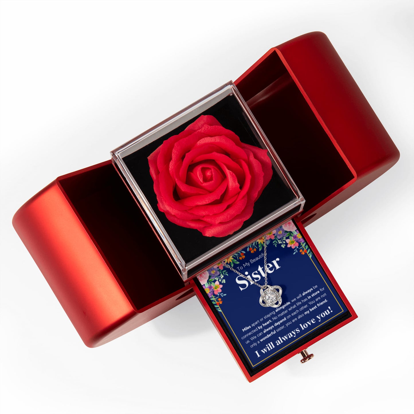 TO MY SISTER CONNECTED LOVE KNOT NECKLACE HEART BOX GIFT SET