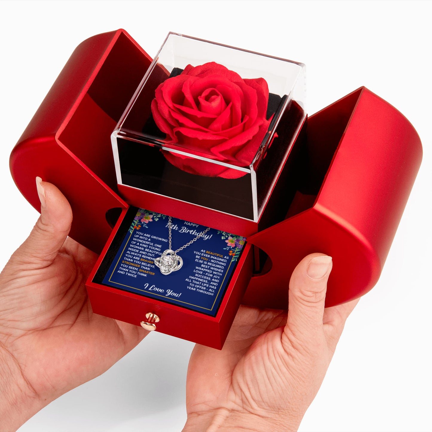 HAPPY 15TH BIRTHDAY WRAPPED LOVE KNOT NECKLACE HEART BOX GIFT SET