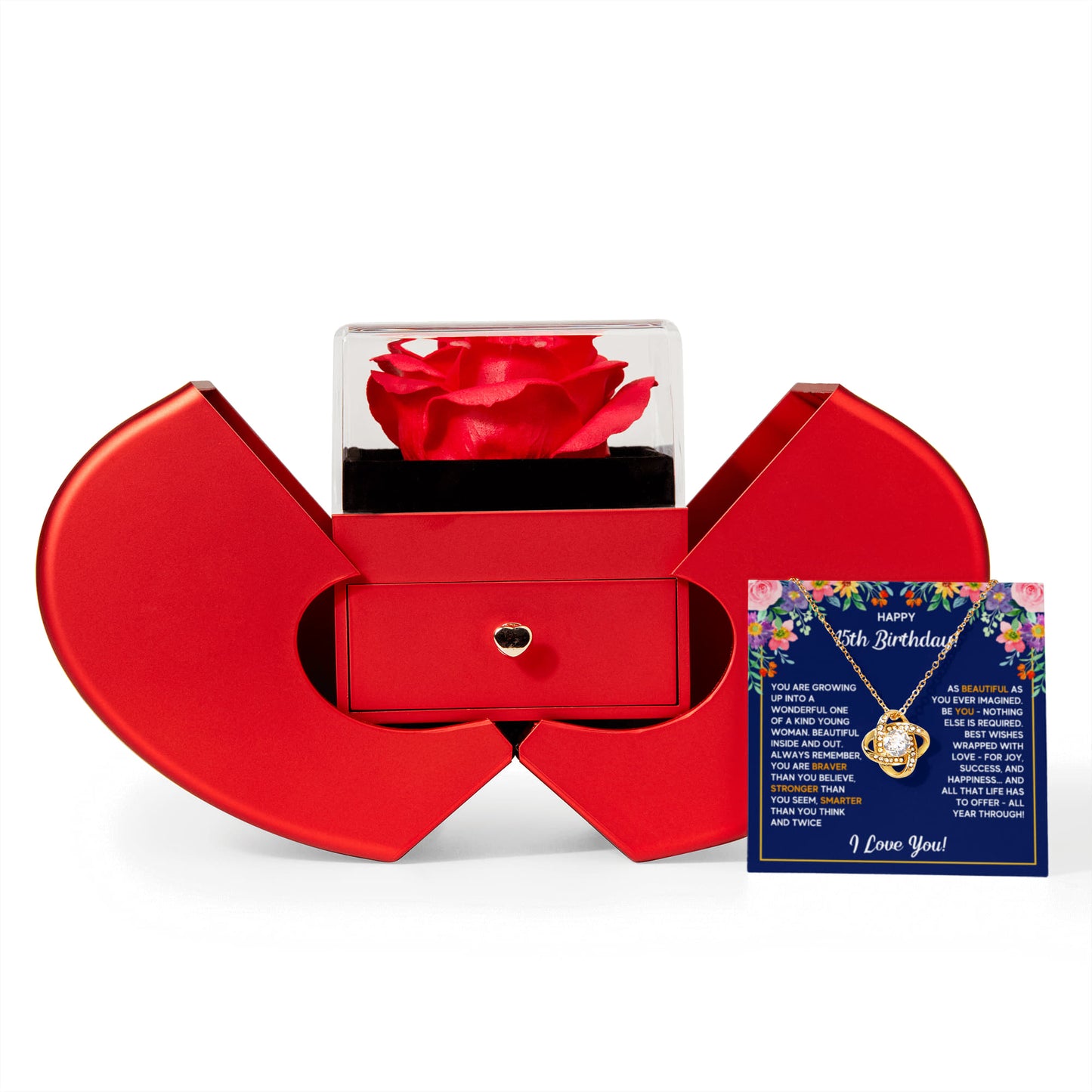 HAPPY 15TH BIRTHDAY WRAPPED LOVE KNOT NECKLACE HEART BOX GIFT SET