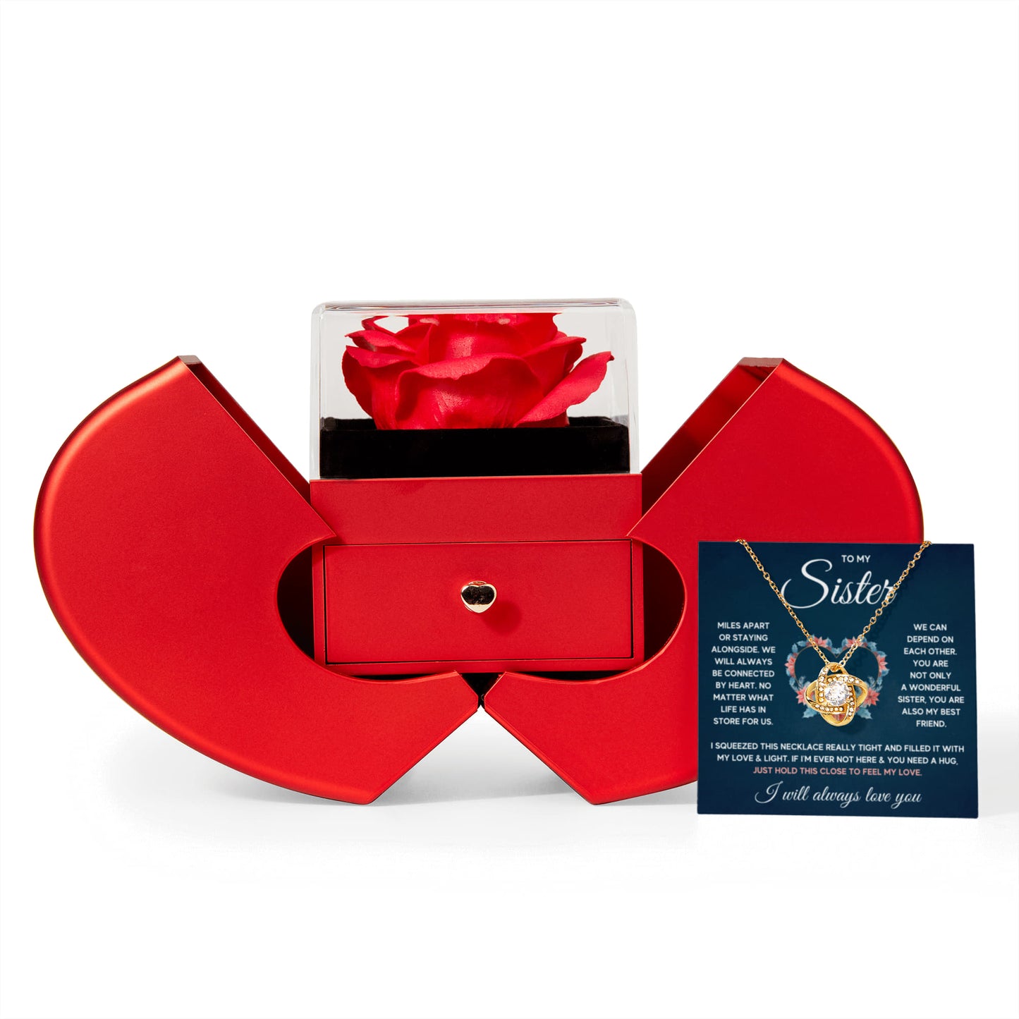 TO MY SISTER SQUEEZED LOVE KNOT NECKLACE HEART BOX GIFT SET