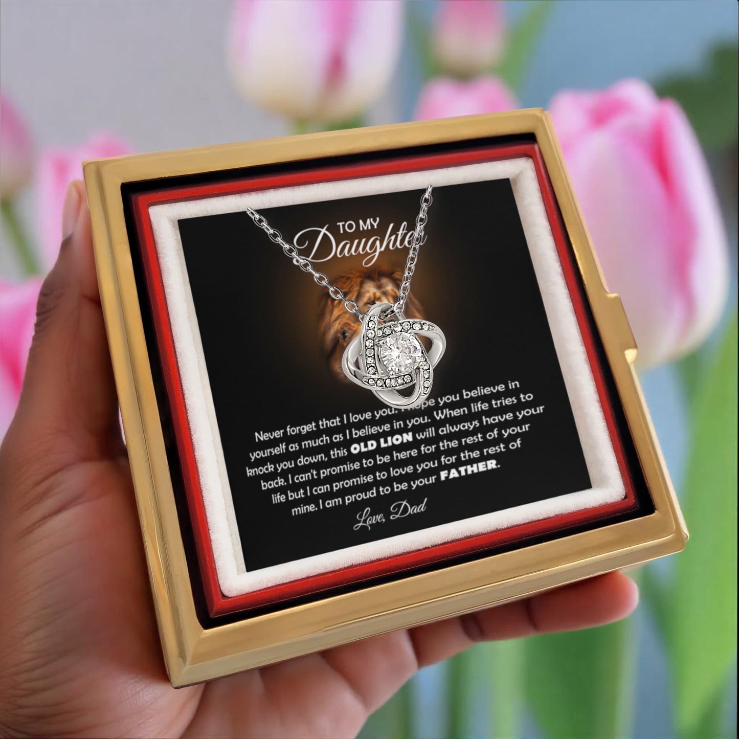 Old Lion Custom Name - Daughter Birthday Necklace with Rose Box
