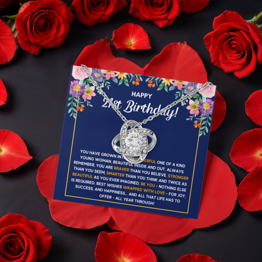 21ST BIRTHDAY WRAPPED LOVE KNOT NECKLACE ROSE BOX GIFT SET