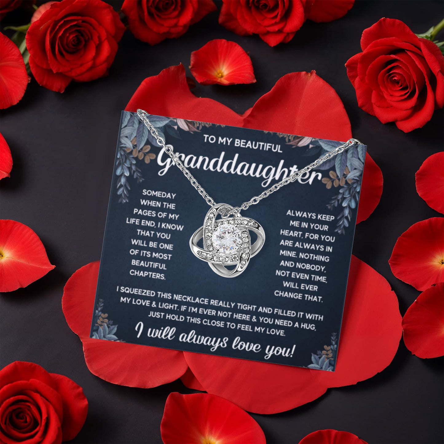 TO MY GRANDDAUGHTER SQUEEZED LOVE KNOT NECKLACE ROSE BOX GIFT SET