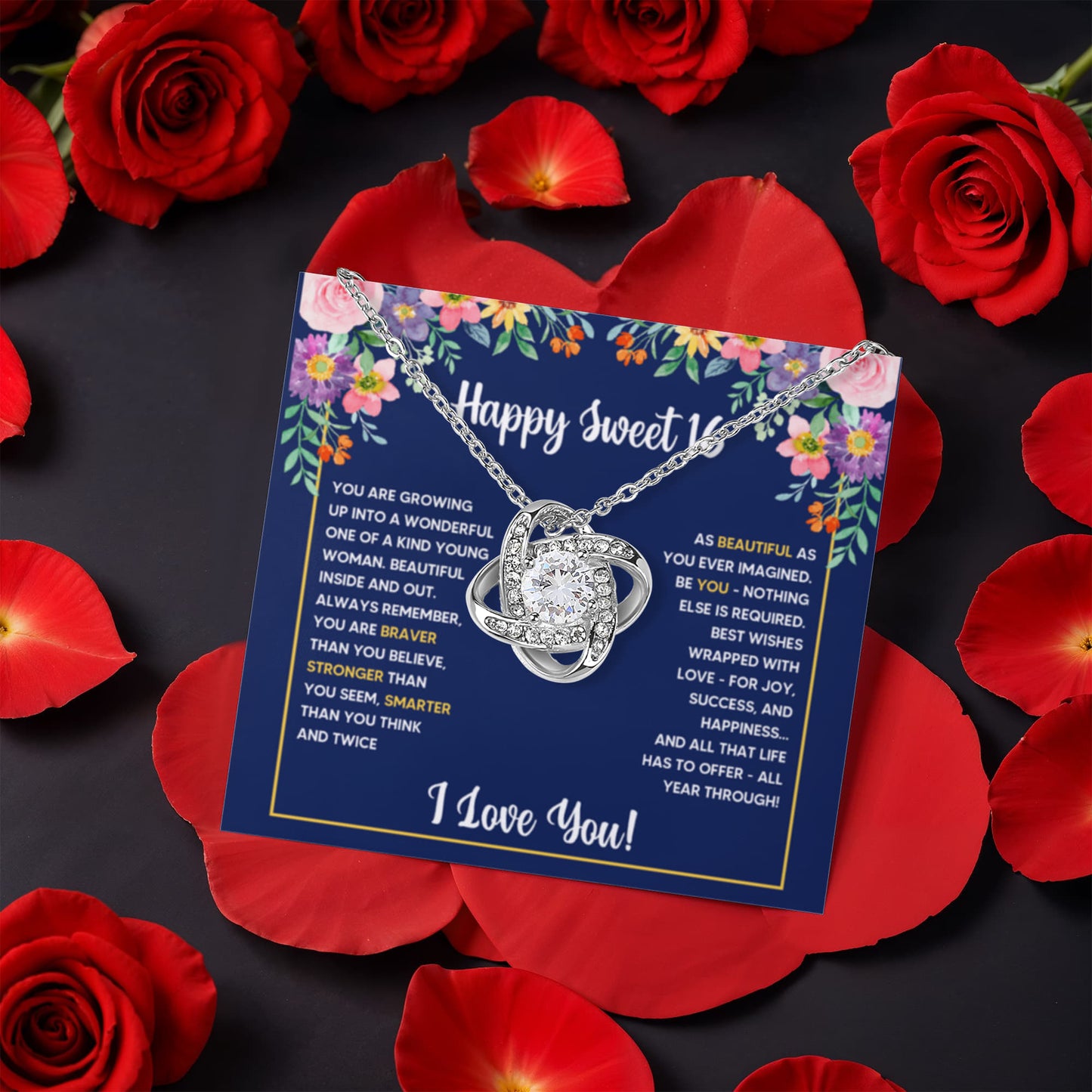 SWEET 16 WRAPPED LOVE KNOT NECKLACE ROSE BOX GIFT SET