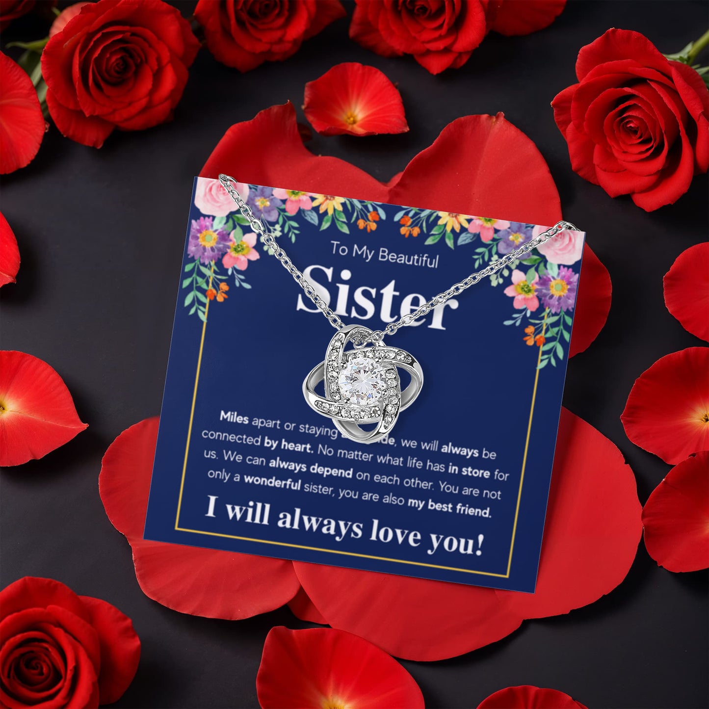 TO MY SISTER CONNECTED LOVE KNOT NECKLACE ROSE BOX GIFT SET