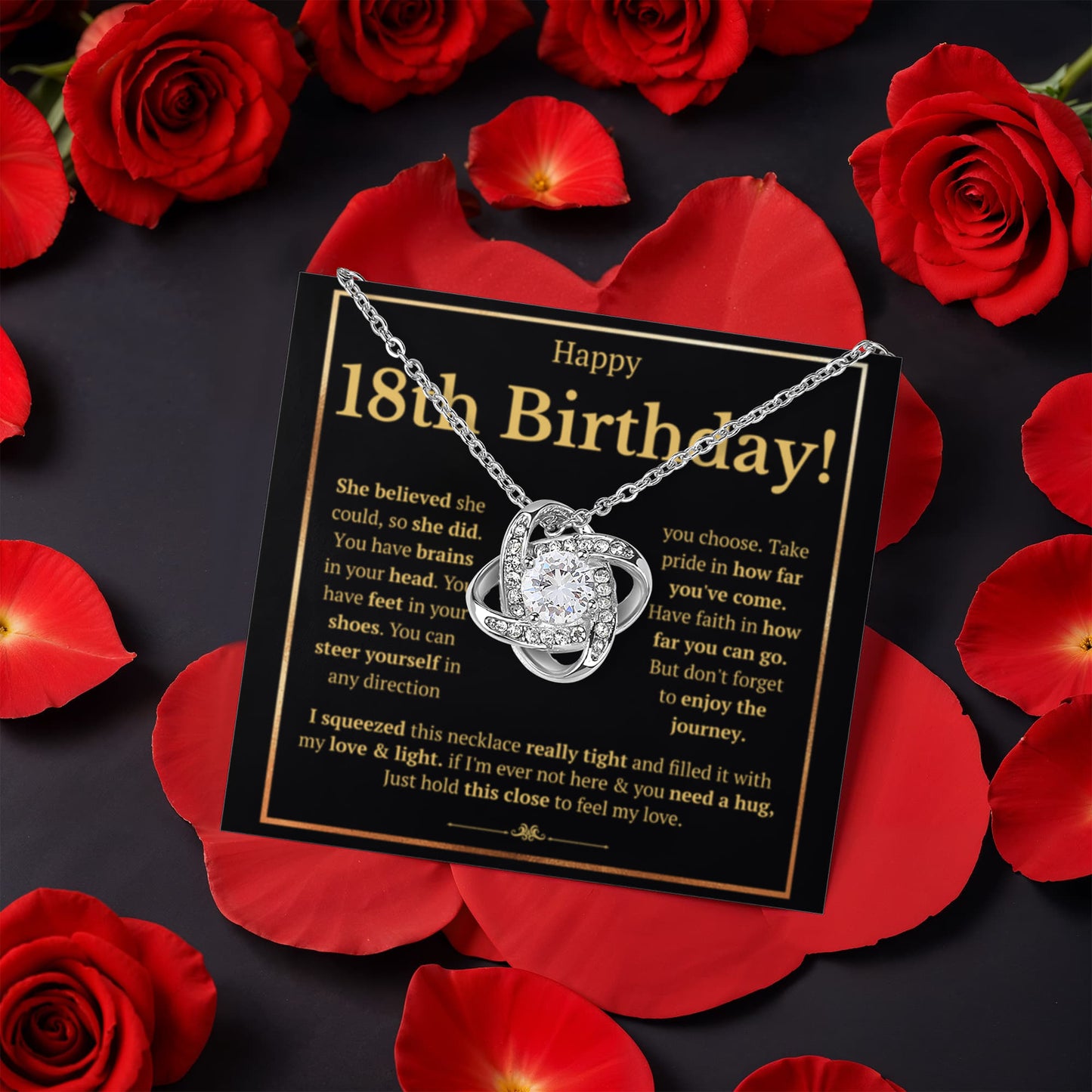 18TH BIRTHDAY SQUEEZED LOVE KNOT NECKLACE ROSE BOX GIFT SET