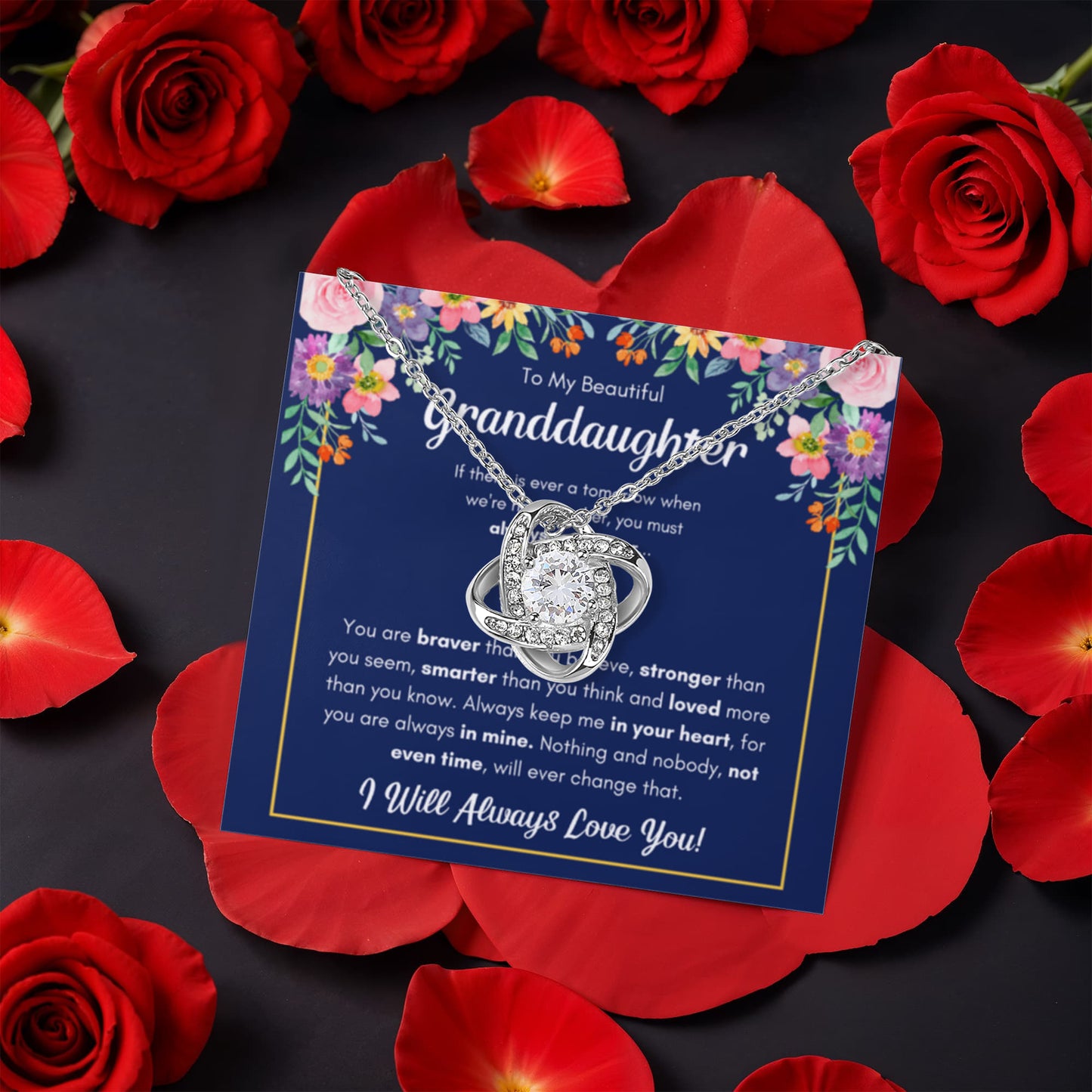 TO MY GRANDDAUGHTER BRAVER LOVE KNOT NECKLACE ROSE BOX GIFT SET