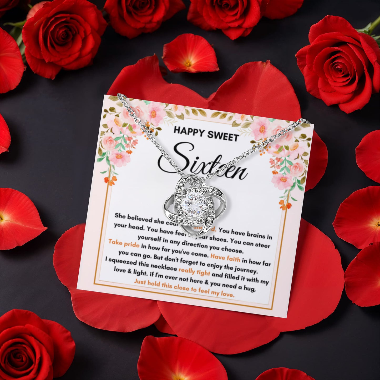 16TH BIRTHDAY DIRECTION SQUEEZED LOVE KNOT NECKLACE ROSE BOX GIFT SET