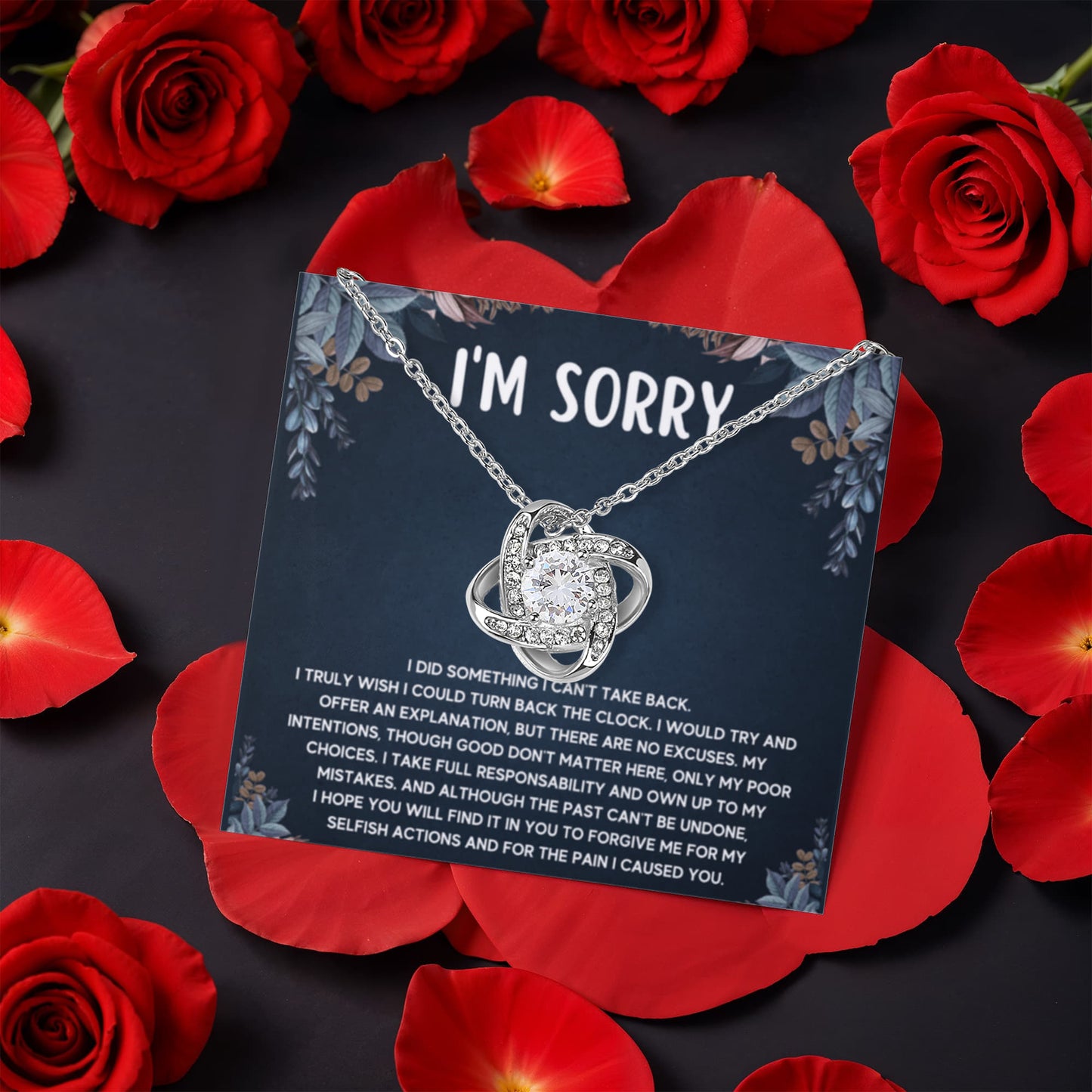 I'M SORRY POOR CHOICES LOVE KNOT NECKLACE ROSE BOX GIFT SET