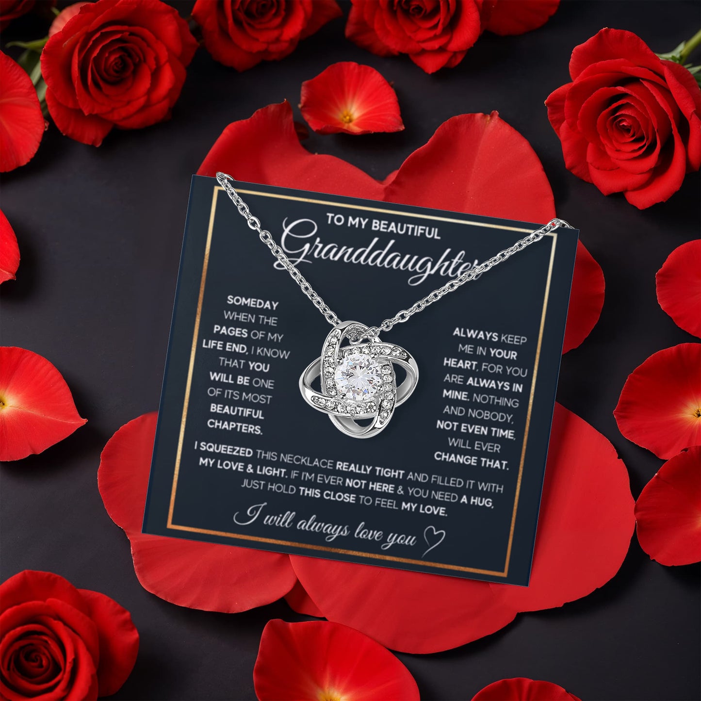 TO MY GRANDDAUGHTER SQUEEZED LOVE KNOT NECKLACE ROSE BOX GIFT SET