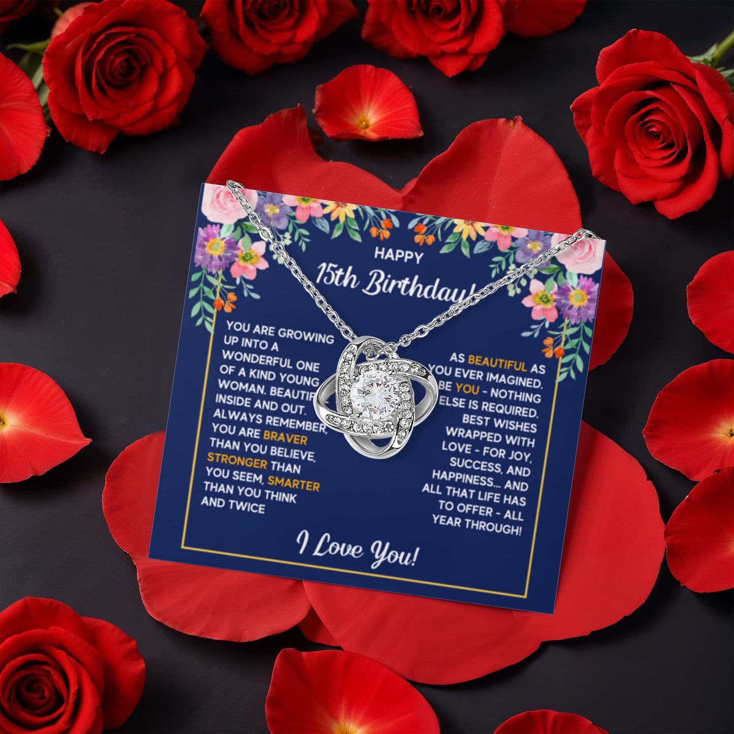 HAPPY 15TH BIRTHDAY WRAPPED LOVE KNOT NECKLACE ROSE BOX GIFT SET