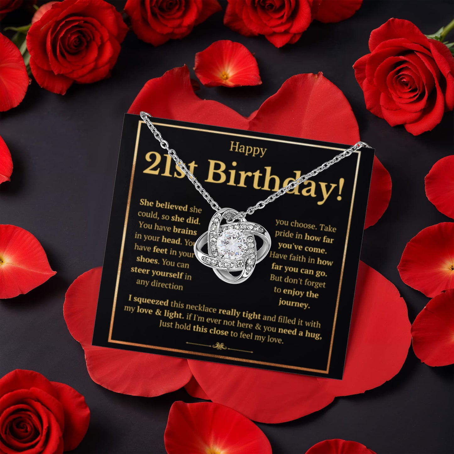 21ST BIRTHDAY SQUEEZED LOVE KNOT NECKLACE ROSE BOX GIFT SET