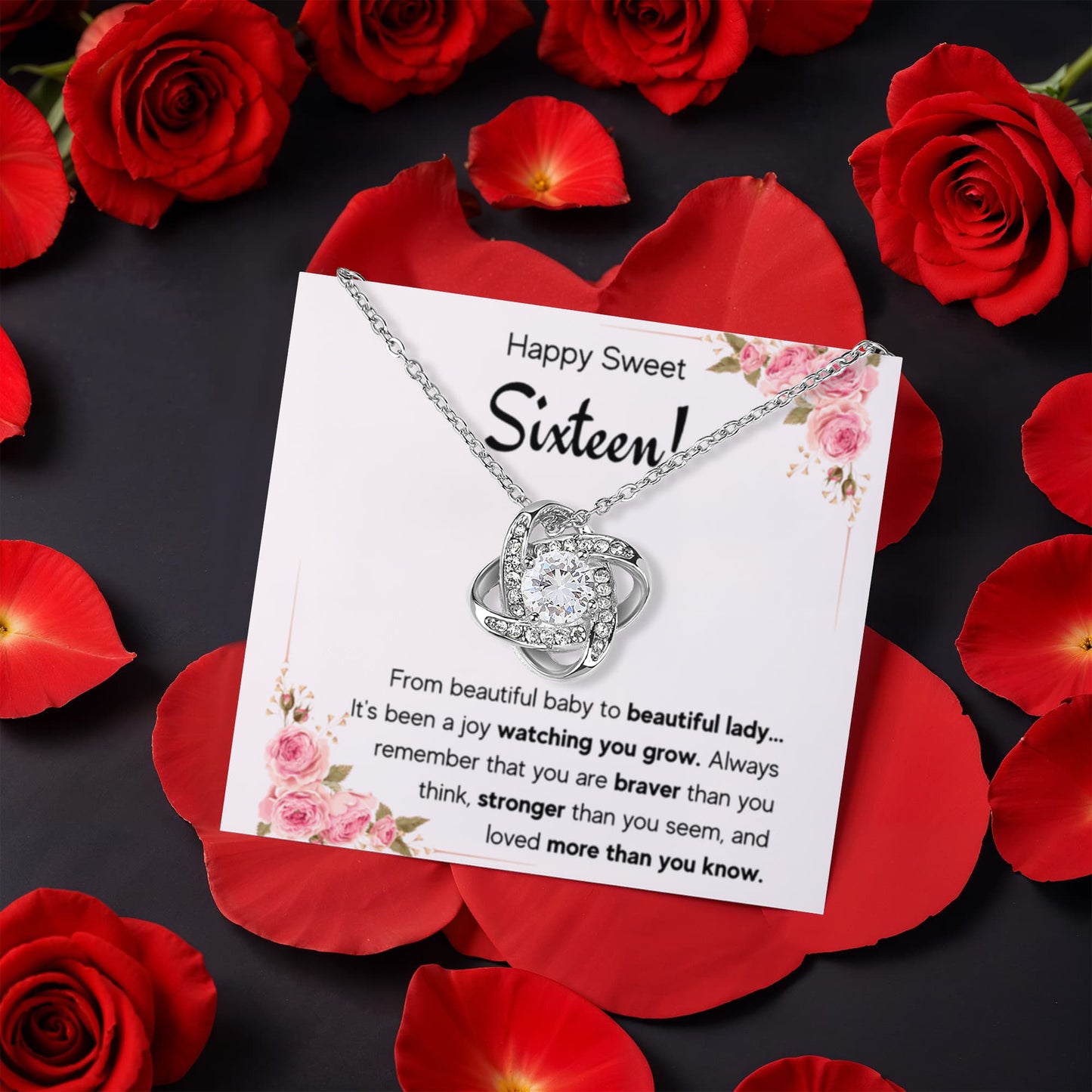 HAPPY SWEET SIXTEEN JOY LOVE KNOT NECKLACE ROSE BOX GIFT SET