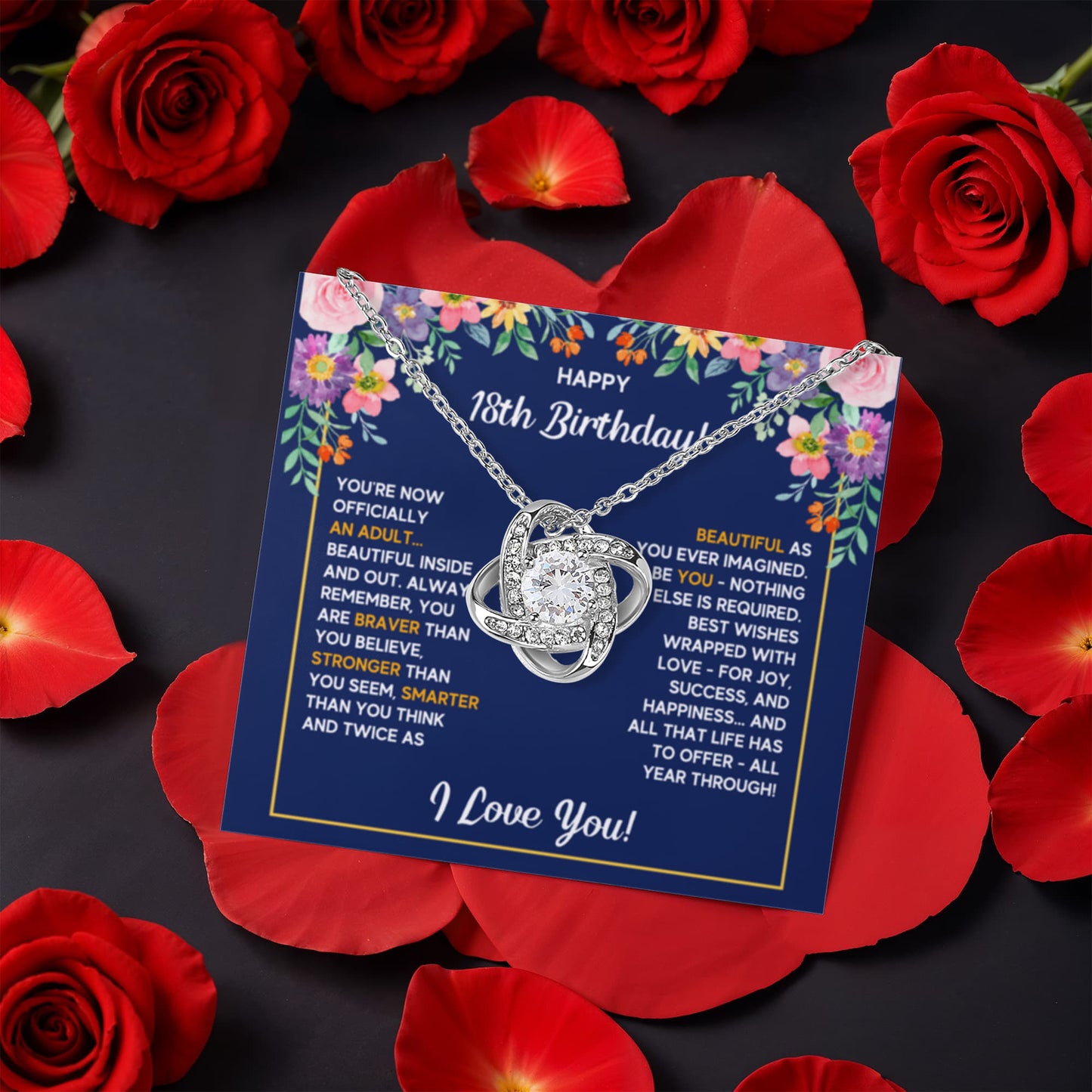 18TH BIRTHDAY WRAPPED LOVE KNOT NECKLACE ROSE BOX GIFT SET