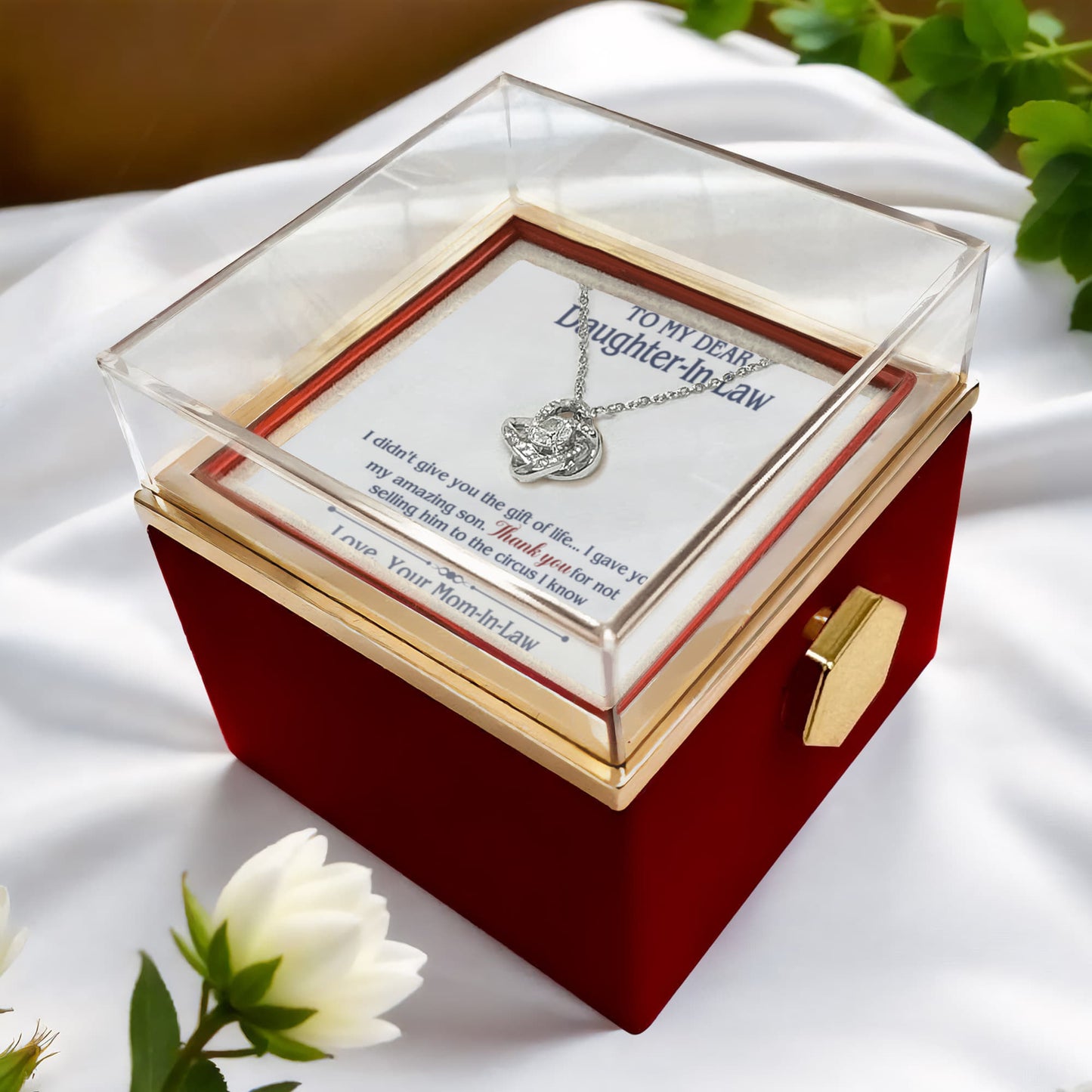 TO MY DAUGHTER IN LAW CIRCUS LOVE KNOT NECKLACE ROSE BOX GIFT SET