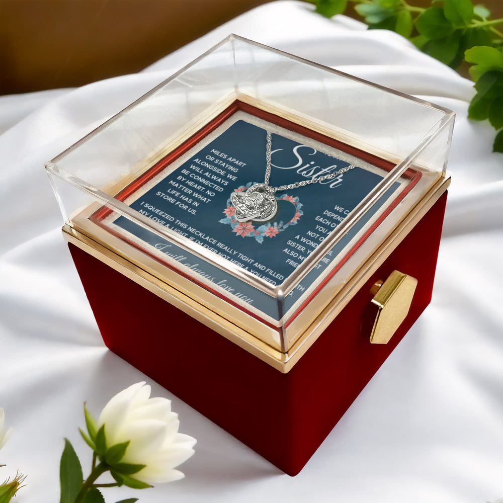TO MY SISTER SQUEEZED LOVE KNOT NECKLACE ROSE BOX GIFT SET