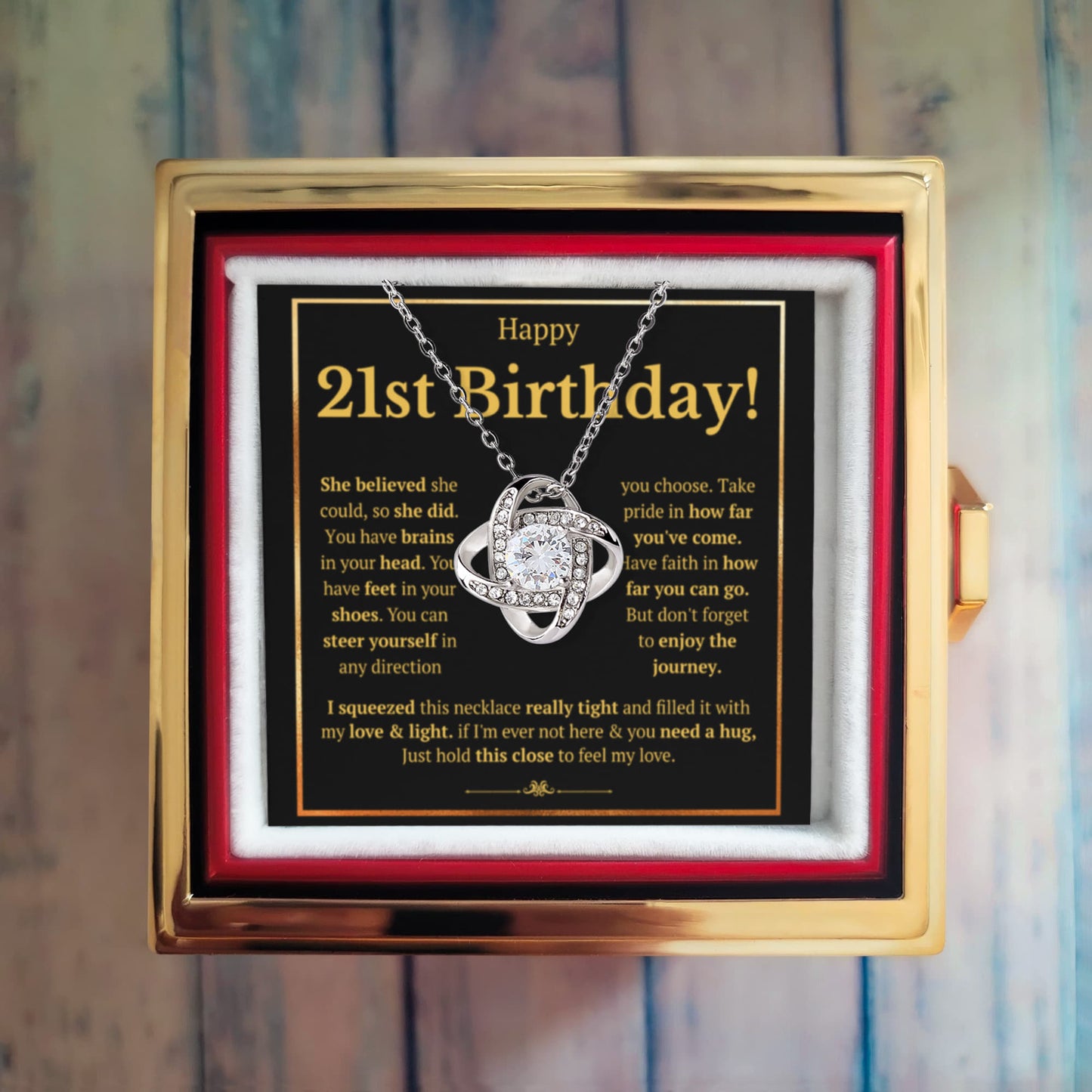 21ST BIRTHDAY SQUEEZED LOVE KNOT NECKLACE ROSE BOX GIFT SET