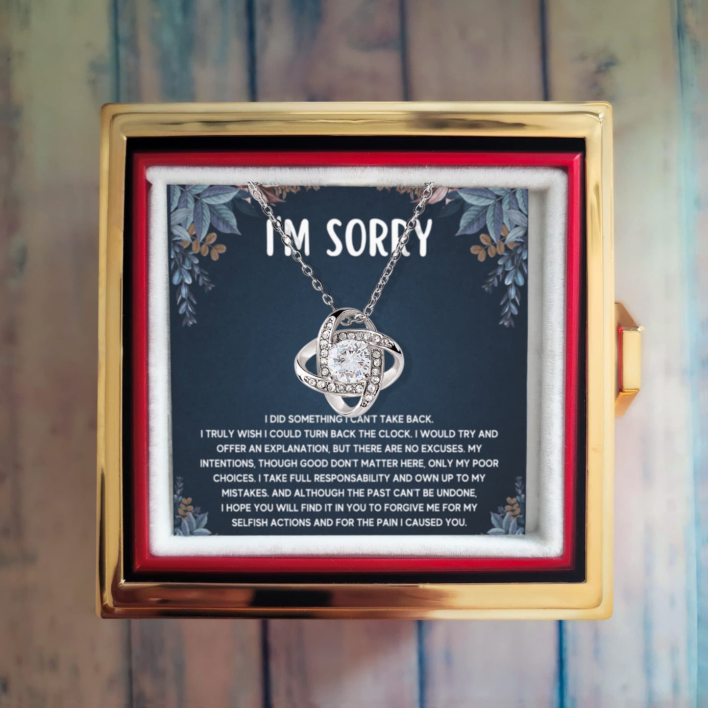 I'M SORRY POOR CHOICES LOVE KNOT NECKLACE ROSE BOX GIFT SET