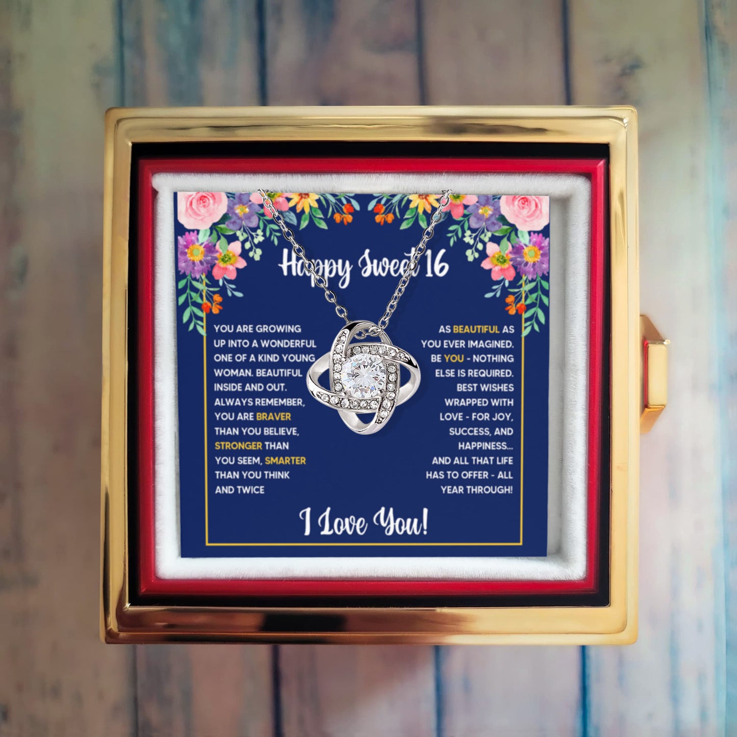 SWEET 16 WRAPPED LOVE KNOT NECKLACE ROSE BOX GIFT SET