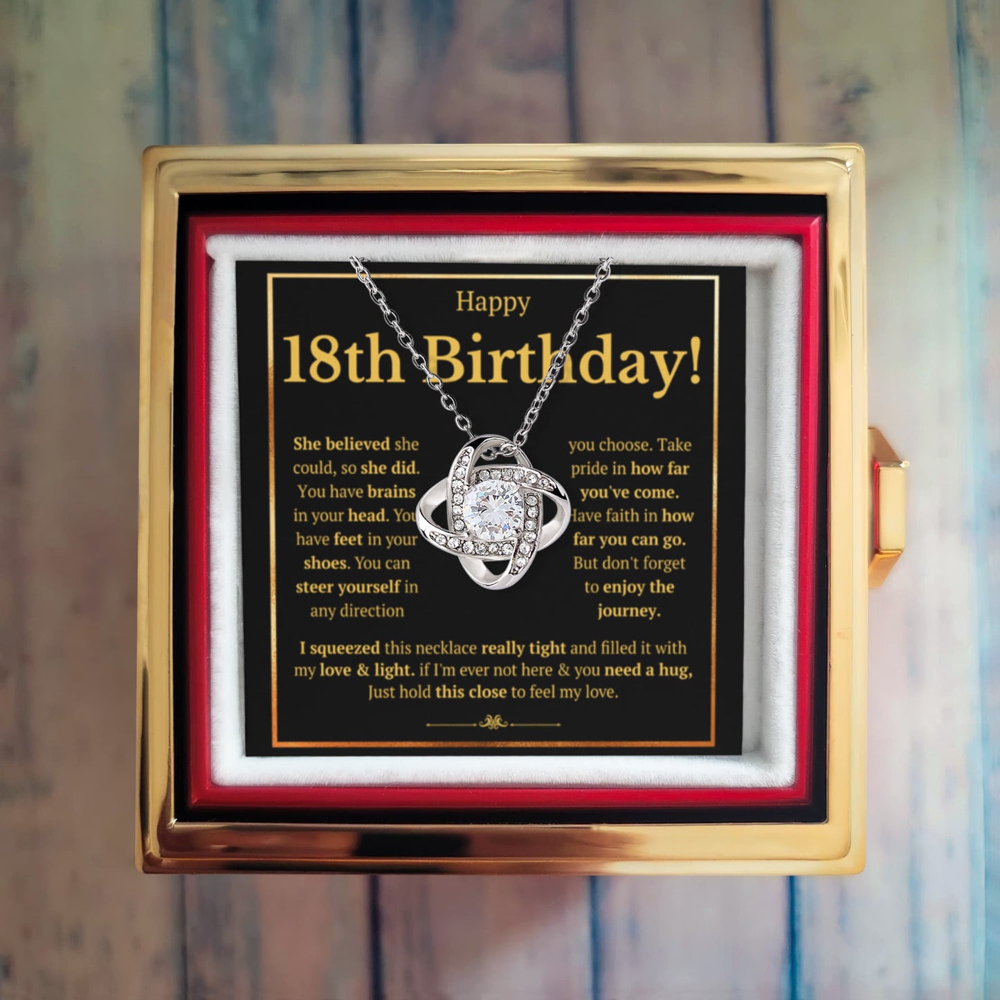 18TH BIRTHDAY SQUEEZED LOVE KNOT NECKLACE ROSE BOX GIFT SET
