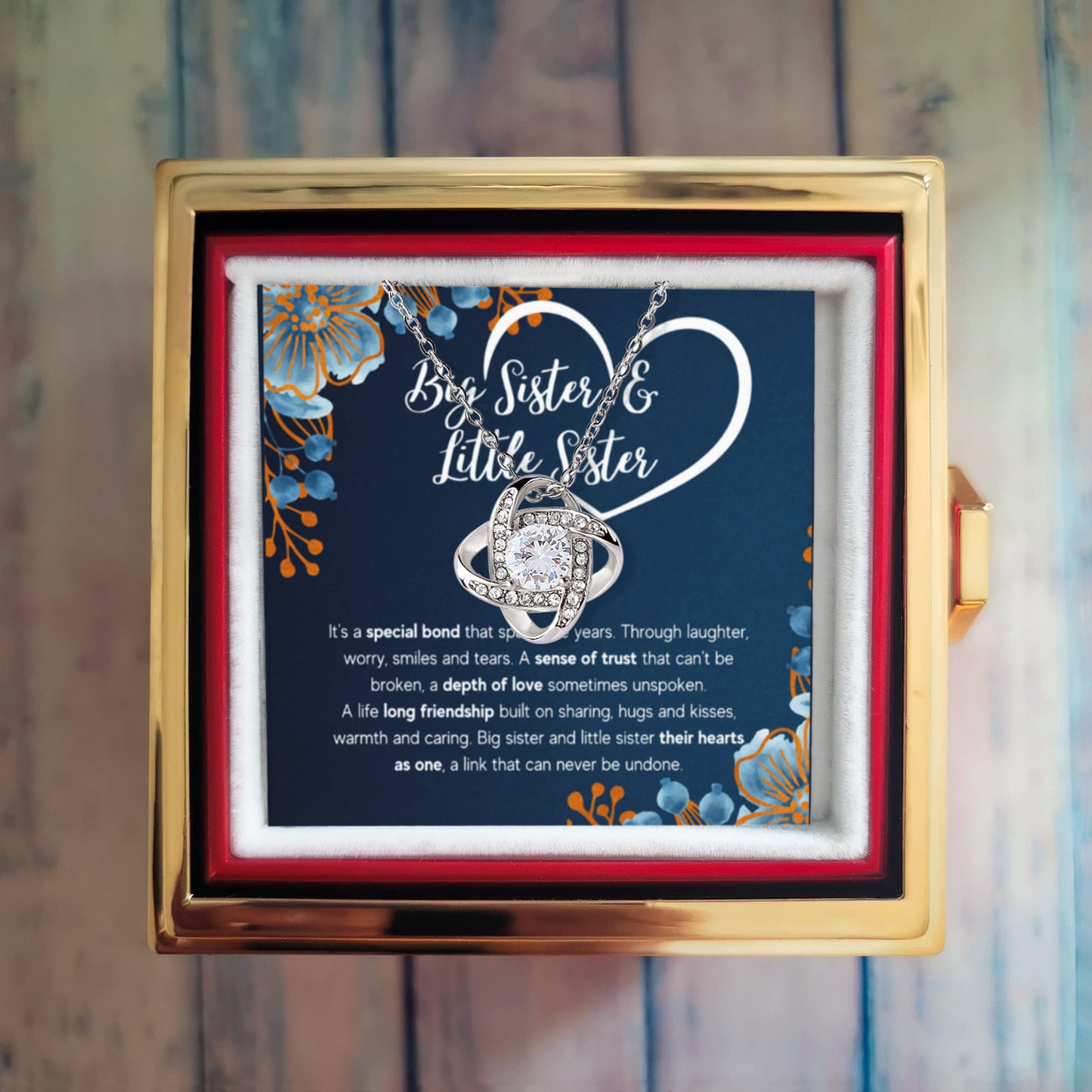 TO MY SISTER BOND KNOT NECKLACE ROSE BOX GIFT SET