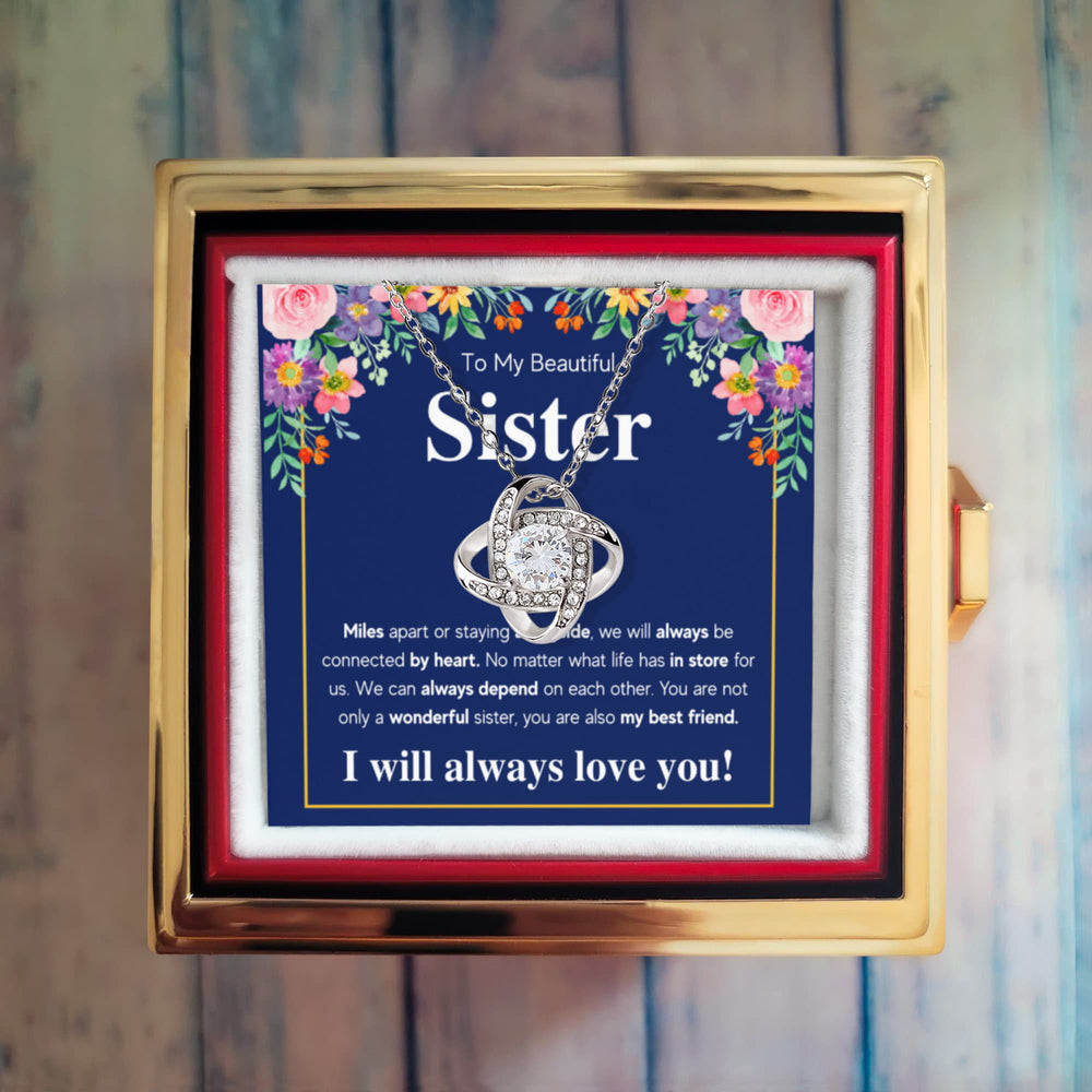 TO MY SISTER CONNECTED LOVE KNOT NECKLACE ROSE BOX GIFT SET