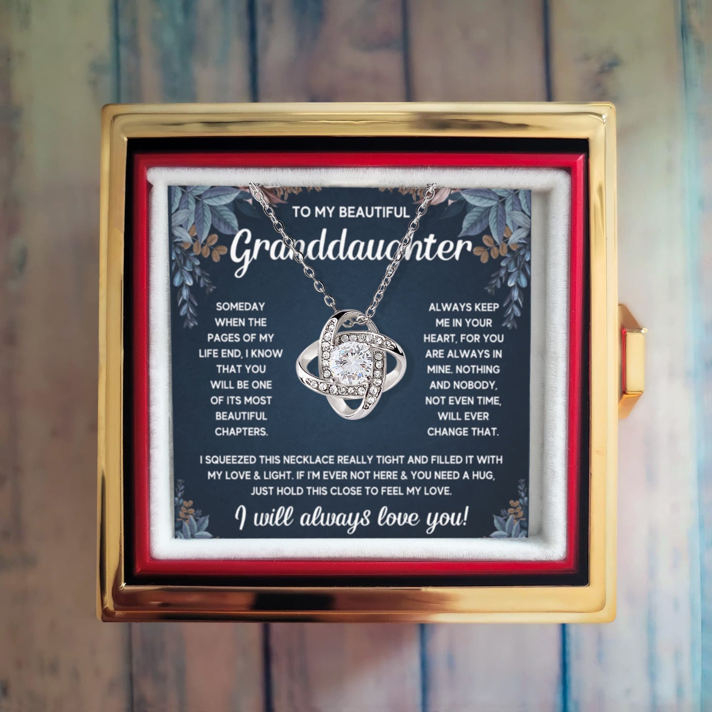 TO MY GRANDDAUGHTER SQUEEZED LOVE KNOT NECKLACE ROSE BOX GIFT SET