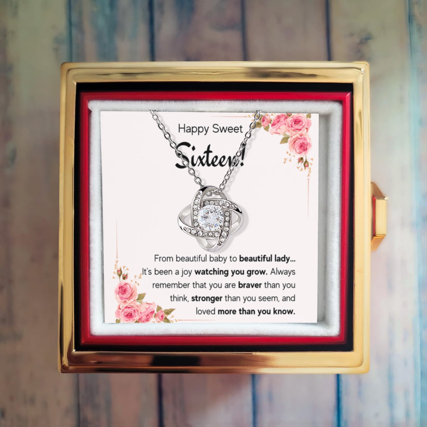 HAPPY SWEET SIXTEEN JOY LOVE KNOT NECKLACE ROSE BOX GIFT SET