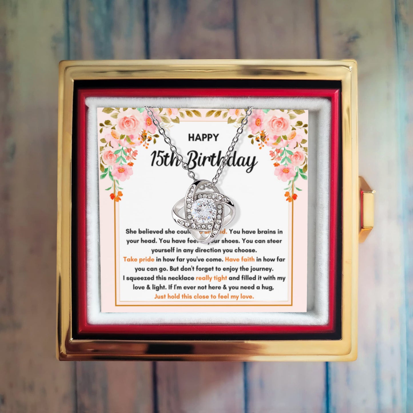 15TH BIRTHDAY SQUEEZED LOVE KNOT NECKLACE ROSE BOX GIFT SET