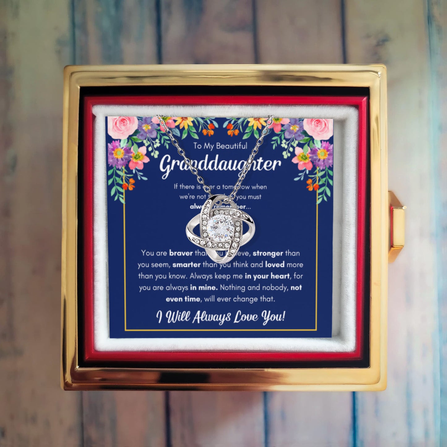 TO MY GRANDDAUGHTER BRAVER LOVE KNOT NECKLACE ROSE BOX GIFT SET