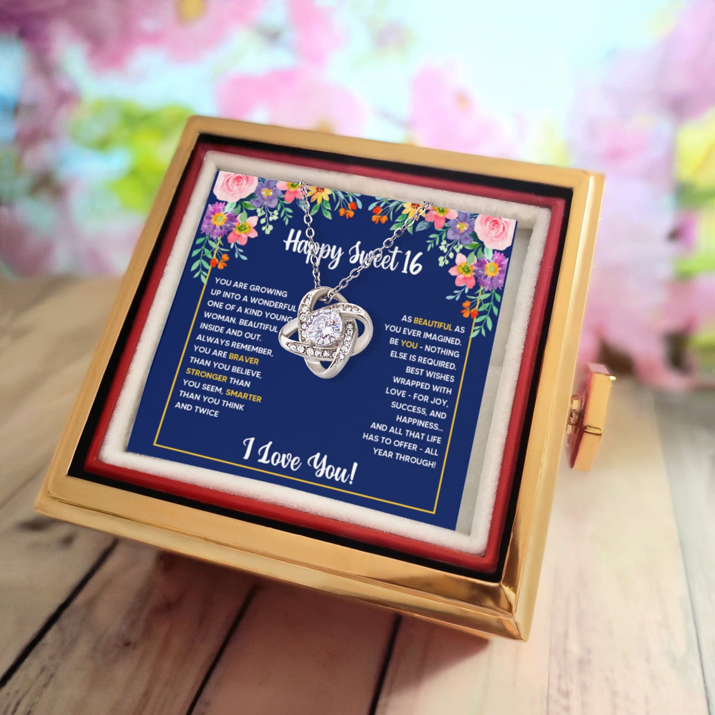 SWEET 16 WRAPPED LOVE KNOT NECKLACE ROSE BOX GIFT SET