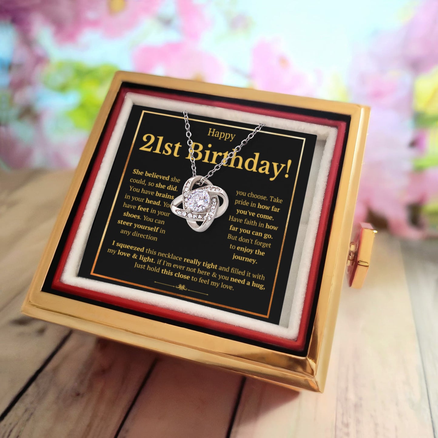 21ST BIRTHDAY SQUEEZED LOVE KNOT NECKLACE ROSE BOX GIFT SET