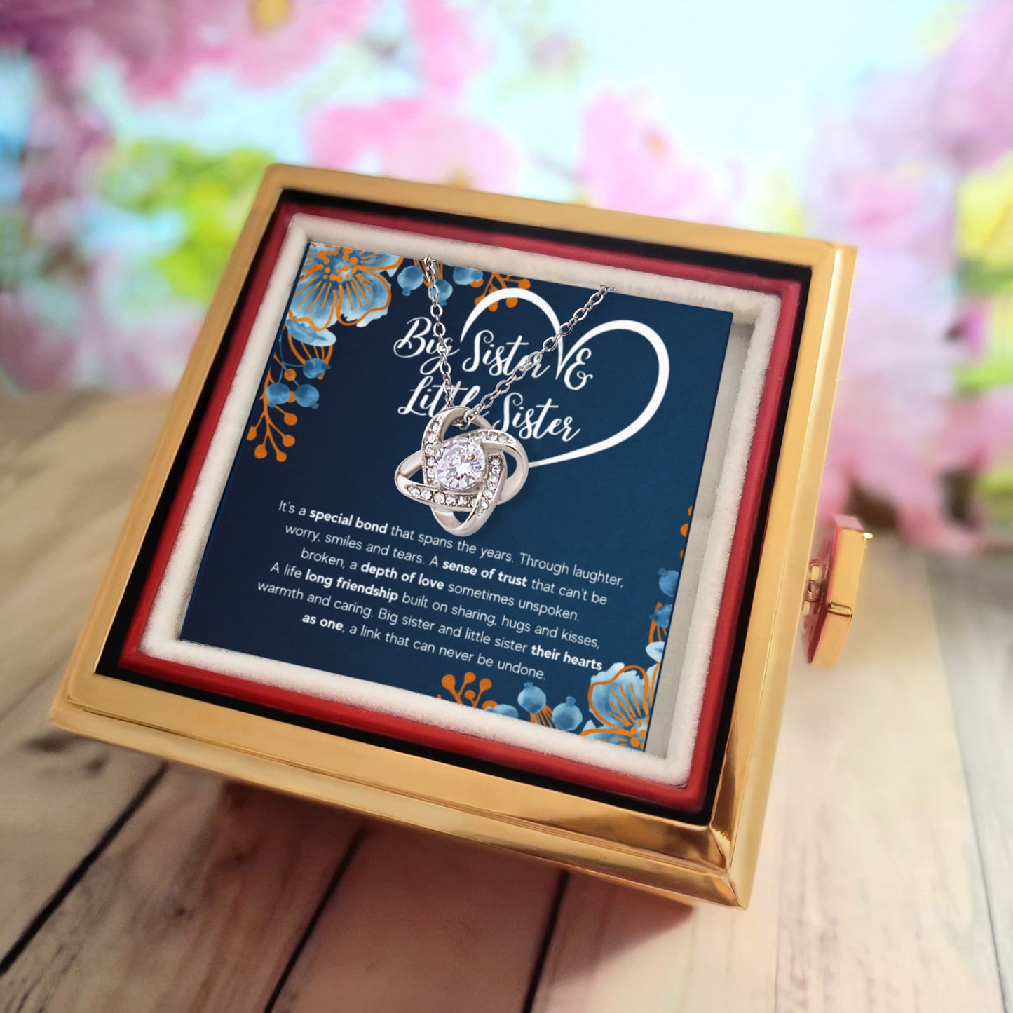 TO MY SISTER BOND KNOT NECKLACE ROSE BOX GIFT SET