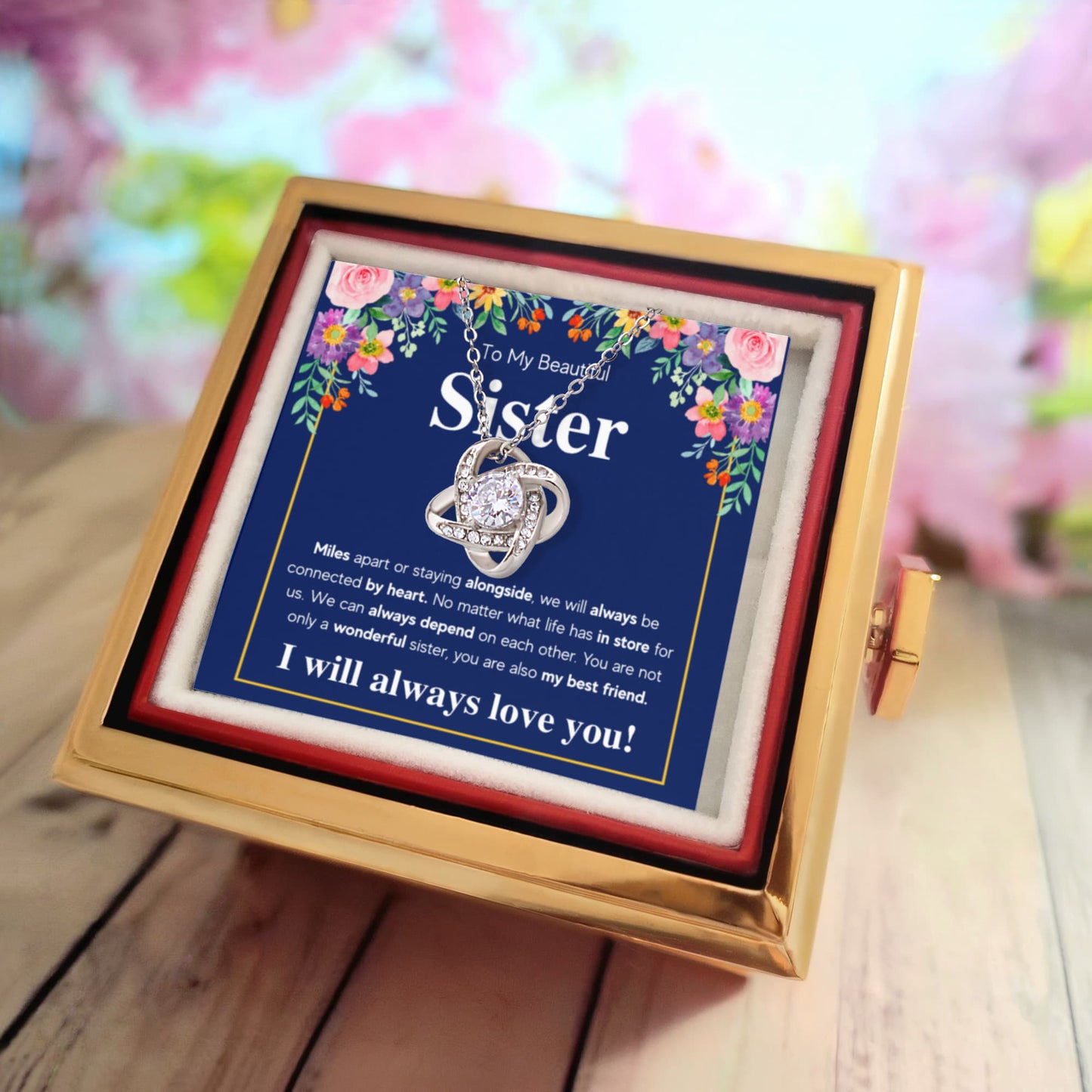 TO MY SISTER CONNECTED LOVE KNOT NECKLACE ROSE BOX GIFT SET
