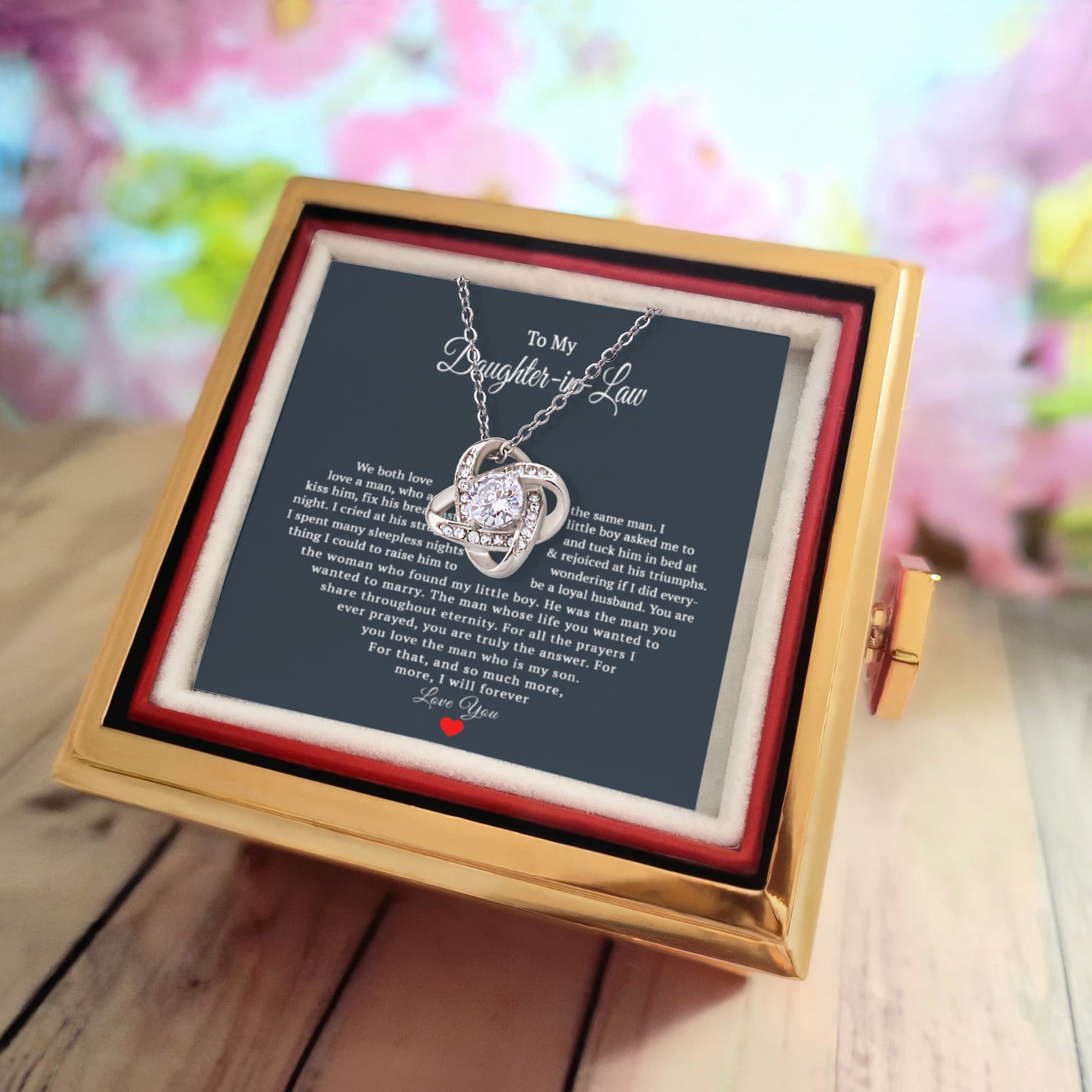 TO MY DAUGHTER IN LAW PRAYERS LOVE KNOT NECKLACE ROSE BOX GIFT SET