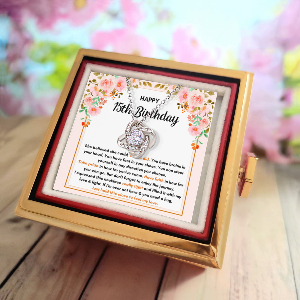 15TH BIRTHDAY SQUEEZED LOVE KNOT NECKLACE ROSE BOX GIFT SET