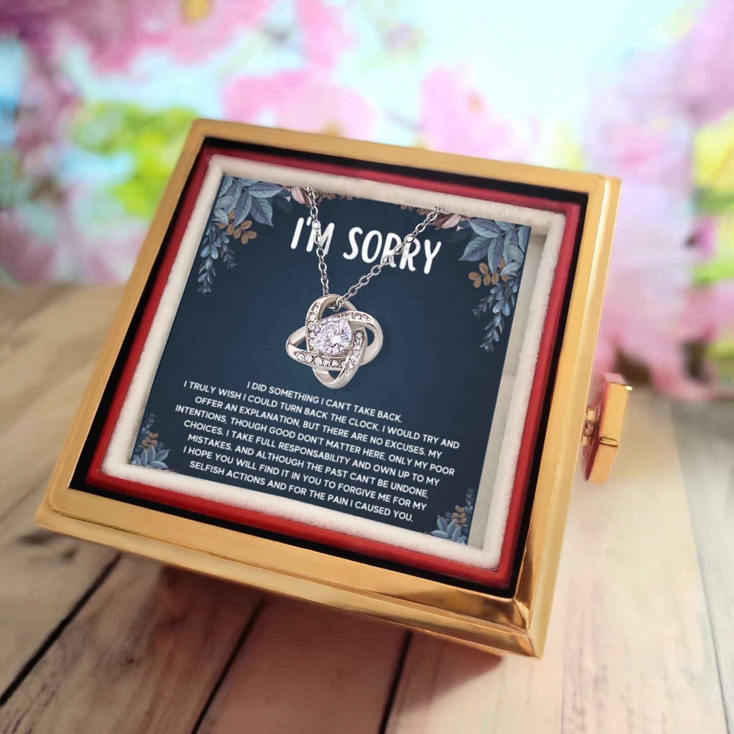 I'M SORRY POOR CHOICES LOVE KNOT NECKLACE ROSE BOX GIFT SET