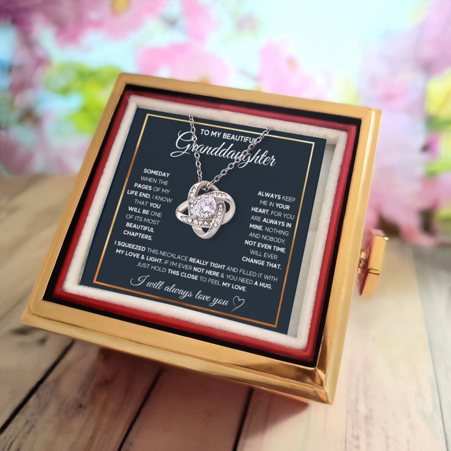 TO MY GRANDDAUGHTER SQUEEZED LOVE KNOT NECKLACE ROSE BOX GIFT SET